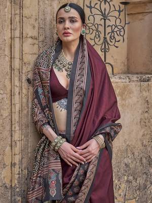 Maroon ajrak block printed banarasi saree 2