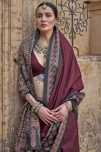 Maroon ajrak block printed banarasi saree