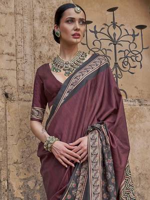 Maroon ajrak block printed banarasi saree 3