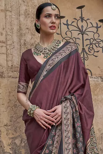 Maroon ajrak block printed banarasi saree