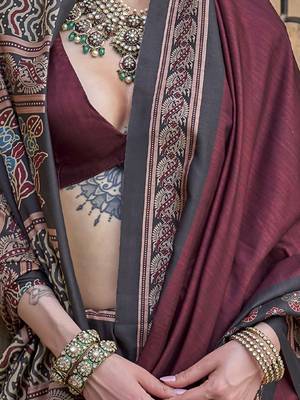 Maroon ajrak block printed banarasi saree 4