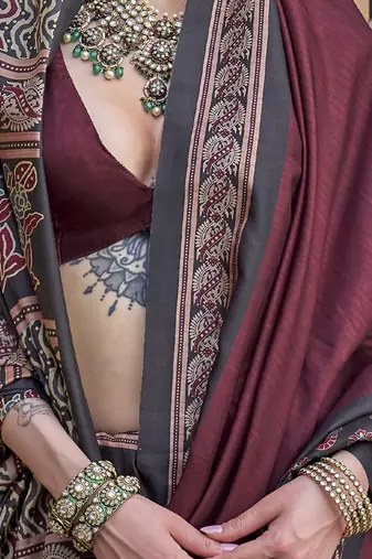 Maroon ajrak block printed banarasi saree