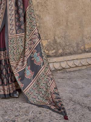 Maroon ajrak block printed banarasi saree 5