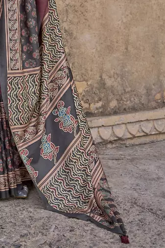 Maroon ajrak block printed banarasi saree