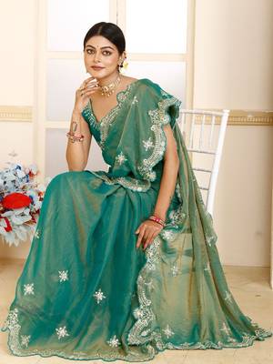 Green women green embroidered tissue saree 1