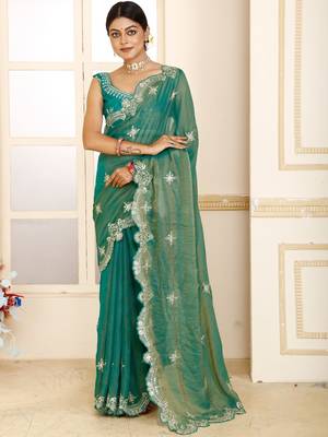 Green women green embroidered tissue saree 2