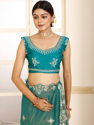 Green women green embroidered tissue saree 4