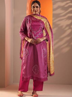 women bandhani dyed regular thread work kurta with palazzos & with dupatta 1