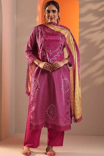 women bandhani dyed regular thread work kurta with palazzos & with dupatta