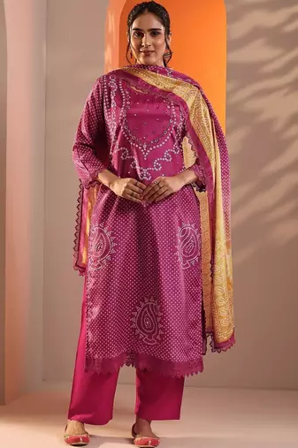 women bandhani dyed regular thread work kurta with palazzos & with dupatta