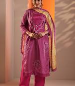 women bandhani dyed regular thread work kurta with palazzos & with dupatta