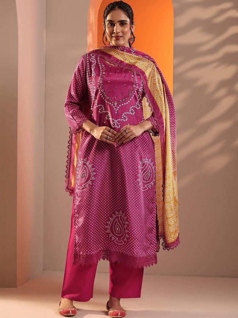 women bandhani dyed regular thread work kurta with palazzos & with dupatta
