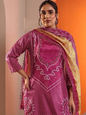 women bandhani dyed regular thread work kurta with palazzos & with dupatta 2