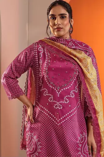 women bandhani dyed regular thread work kurta with palazzos & with dupatta