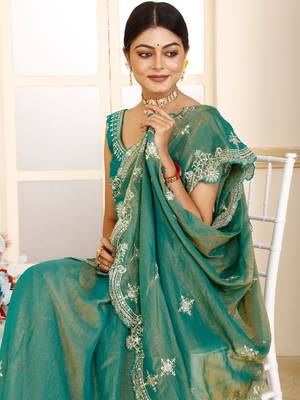 Green women green embroidered tissue saree 5