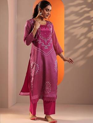women bandhani dyed regular thread work kurta with palazzos & with dupatta 4