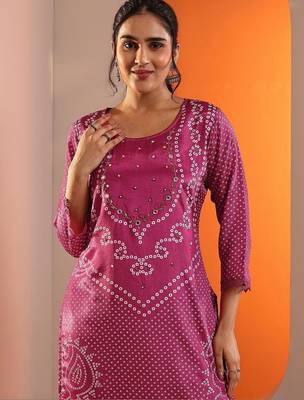women bandhani dyed regular thread work kurta with palazzos & with dupatta 5