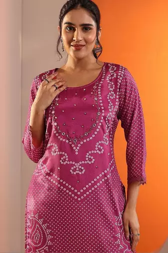 women bandhani dyed regular thread work kurta with palazzos & with dupatta