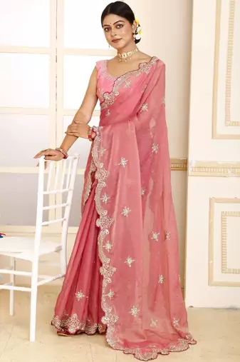 Pink embroidered tissue saree