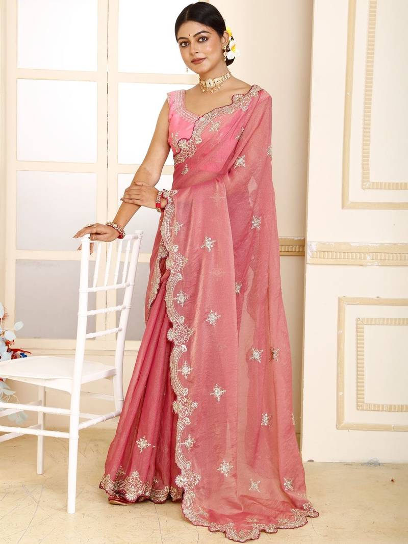 Pink embroidered tissue saree