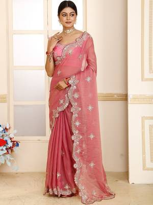 Pink embroidered tissue saree 2