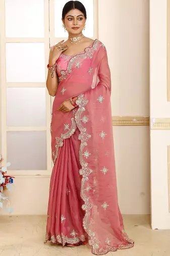 Pink embroidered tissue saree