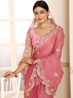 Pink embroidered tissue saree 5