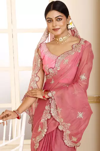 Pink embroidered tissue saree