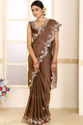 Brown embroidered tissue saree