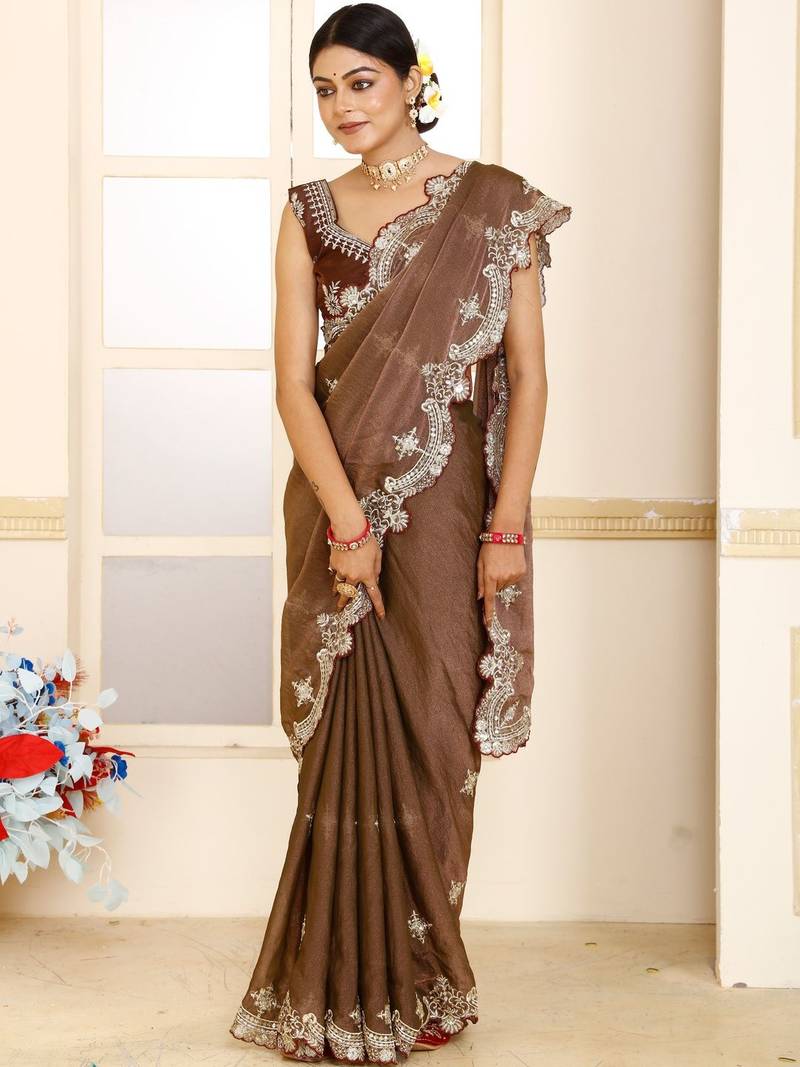 Brown embroidered tissue saree