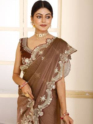 Brown embroidered tissue saree 5