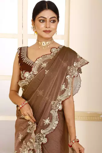 Brown embroidered tissue saree