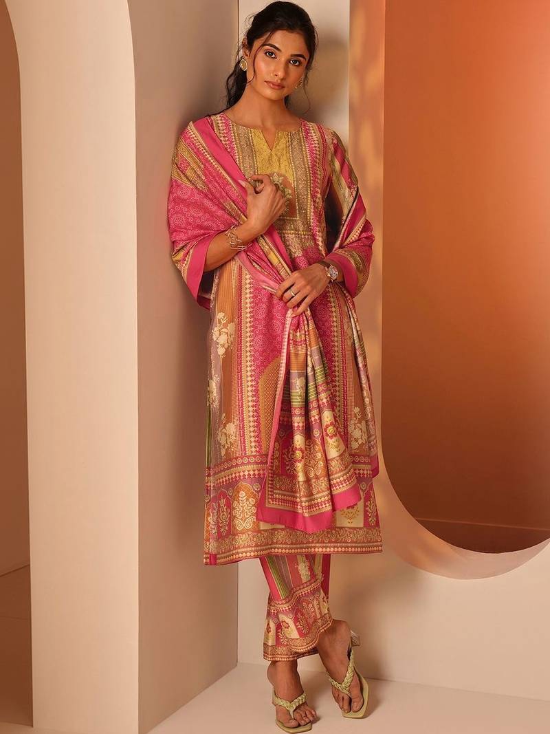 women ethnic motifs printed regular kurta with trousers & with dupatta