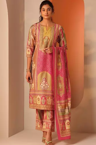 women ethnic motifs printed regular kurta with trousers & with dupatta