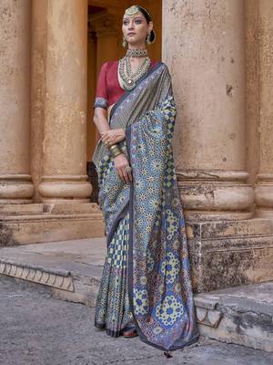 Blue ajrak printed banarasi saree 1