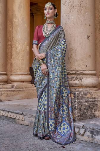 Blue ajrak printed banarasi saree