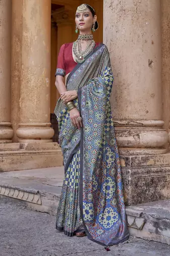 Blue ajrak printed banarasi saree