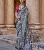 Blue ajrak printed banarasi saree