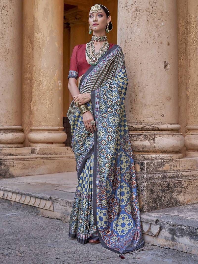 Blue ajrak printed banarasi saree