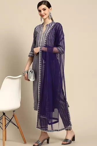 women striped regular thread work kurta with trousers & with dupatta