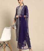 women striped regular thread work kurta with trousers & with dupatta