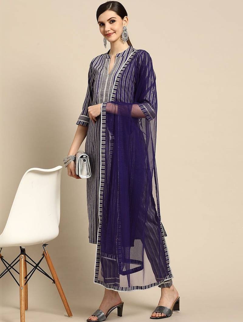 women striped regular thread work kurta with trousers & with dupatta