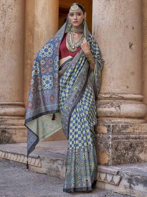 Blue ajrak printed banarasi saree 2