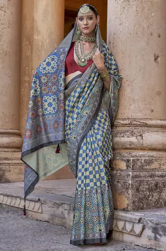 Blue ajrak printed banarasi saree