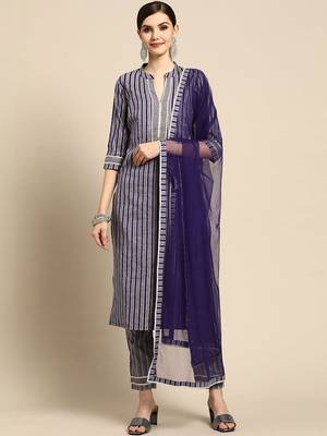 women striped regular thread work kurta with trousers & with dupatta 4
