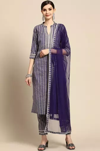 women striped regular thread work kurta with trousers & with dupatta