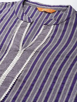 women striped regular thread work kurta with trousers & with dupatta 5