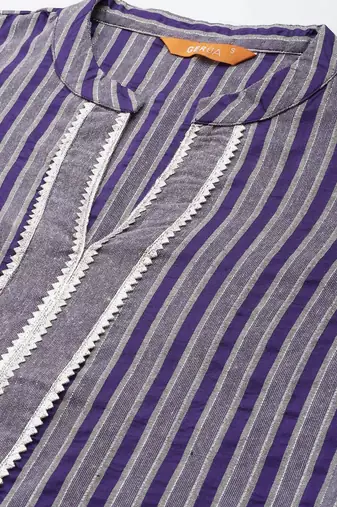 women striped regular thread work kurta with trousers & with dupatta