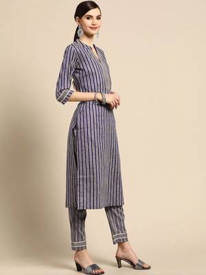 women striped regular thread work kurta with trousers & with dupatta 6