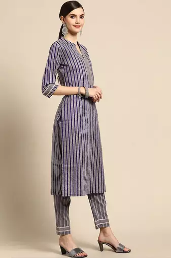 women striped regular thread work kurta with trousers & with dupatta
